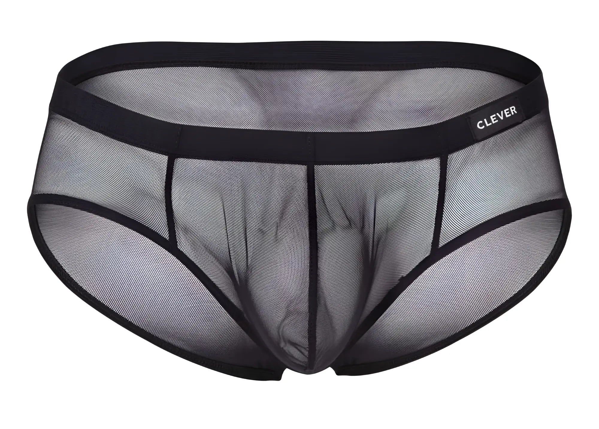 Black sheer mesh briefs with solid waistband and clever brand label in red, black, and grape from clever 519962 3pk australian latin briefs