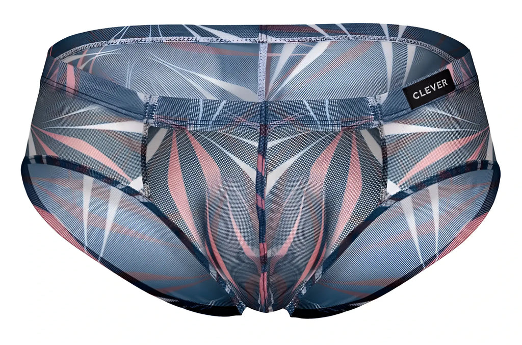 Clever 519963 3pk australian latin briefs in blue and black sheer mesh with abstract gray pink and white geometric pattern