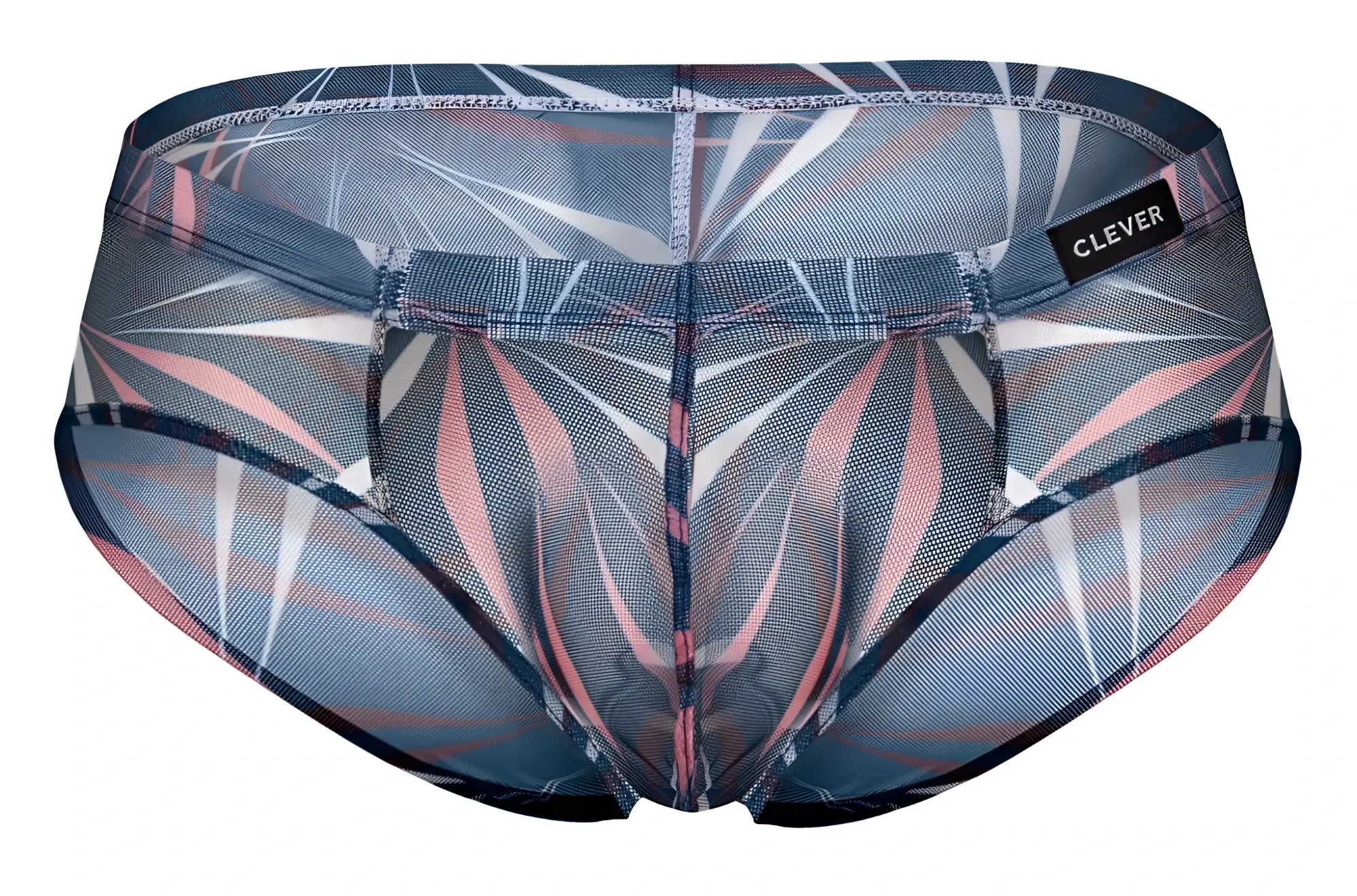 Clever 519963 3pk australian latin briefs in blue and black sheer mesh with abstract gray pink and white geometric pattern