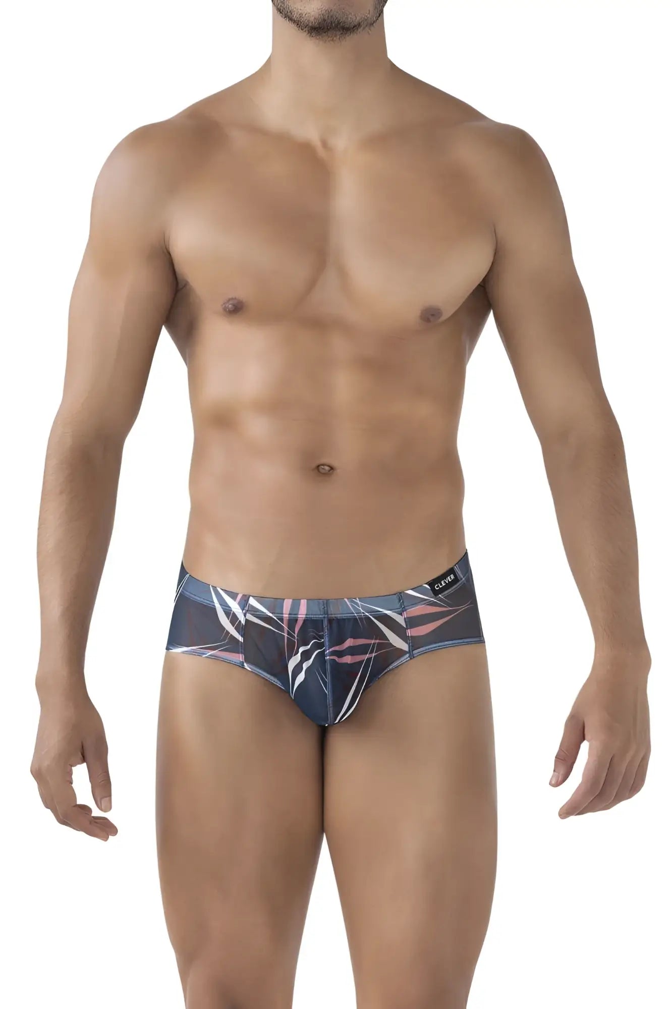 Dark blue clever 519963 australian latin briefs with pink and white tropical leaf pattern in a 3 pack set