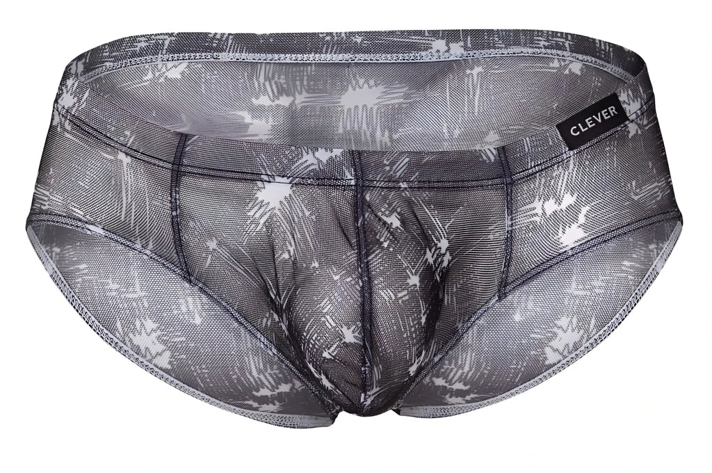 Gray and white mesh briefs with sketchy palm tree pattern and clever brand label on waistband in blue black colors