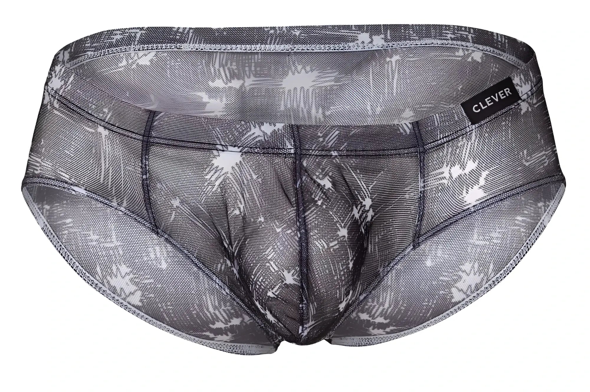 Gray and white mesh briefs with sketchy palm tree pattern and clever brand label on waistband in blue black colors