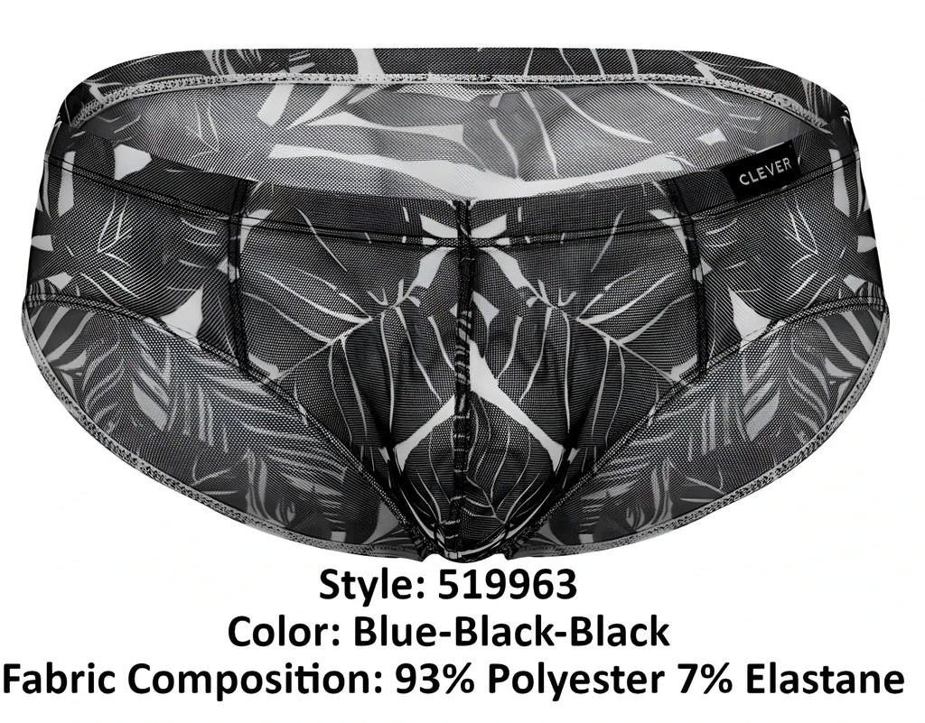 Black and blue tropical leaf patterned clever 519963 3pk australian latin briefs made from polyester elastane mesh