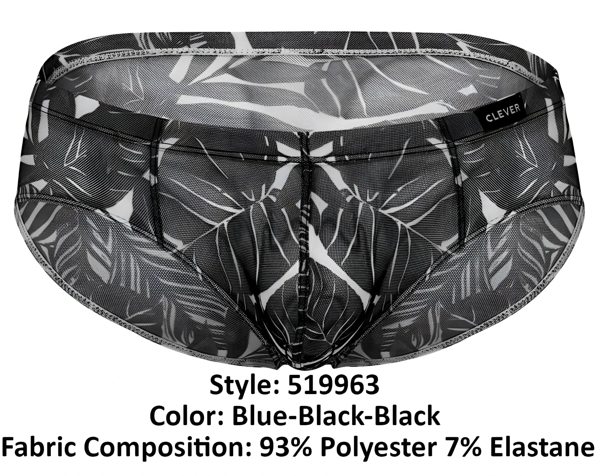Black and blue tropical leaf patterned clever 519963 3pk australian latin briefs made from polyester elastane mesh