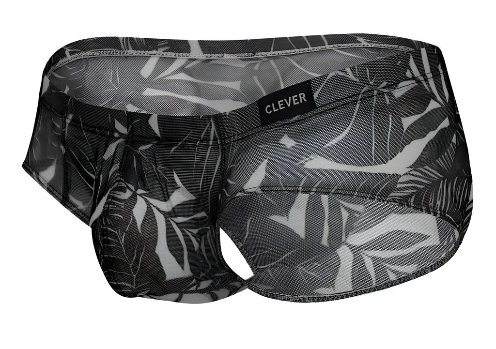 Black and white tropical leaf patterned mesh briefs by Clever in blue black and black colors with brand label visible