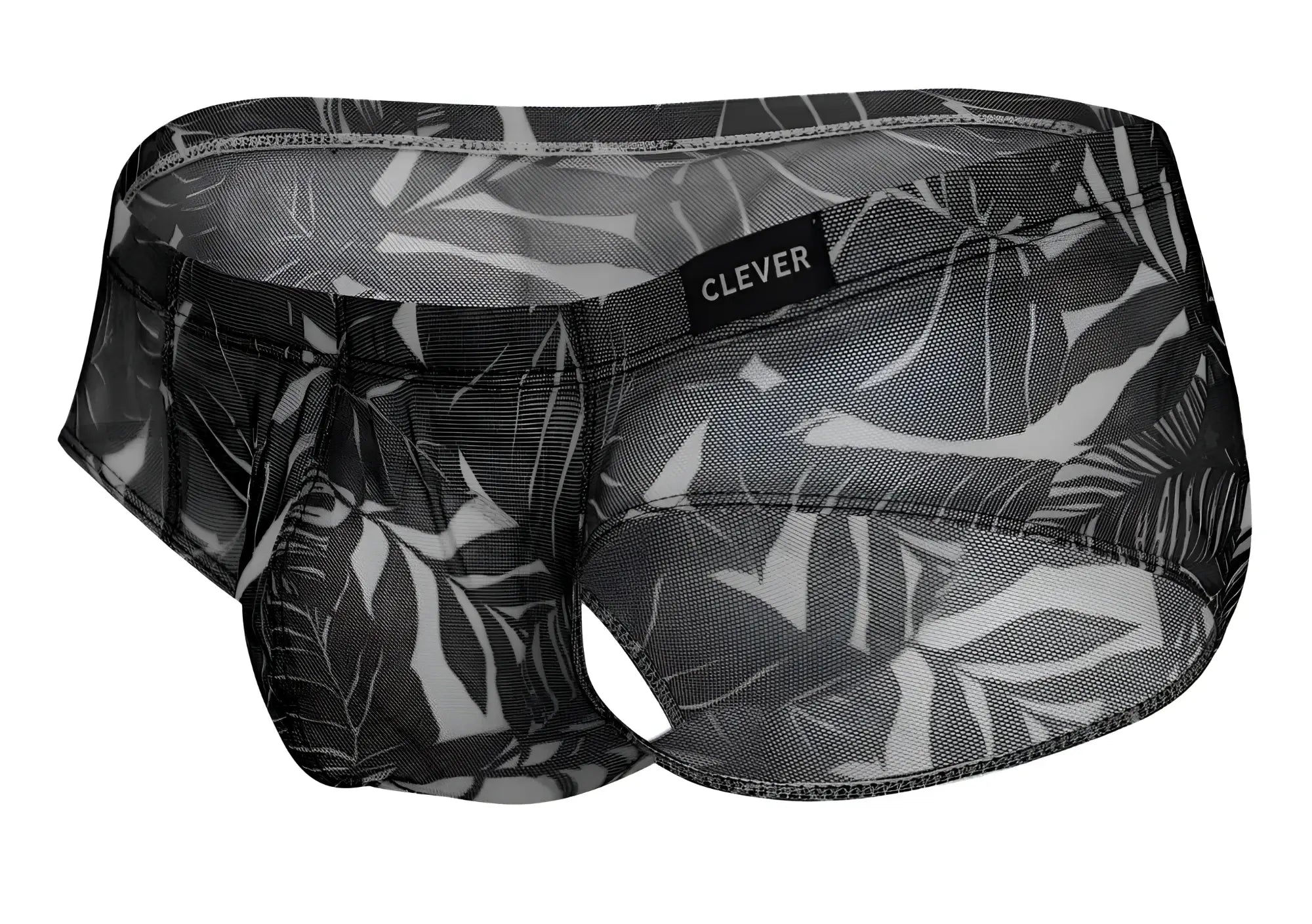 Black and white tropical leaf patterned mesh briefs by Clever in blue black and black colors with brand label visible