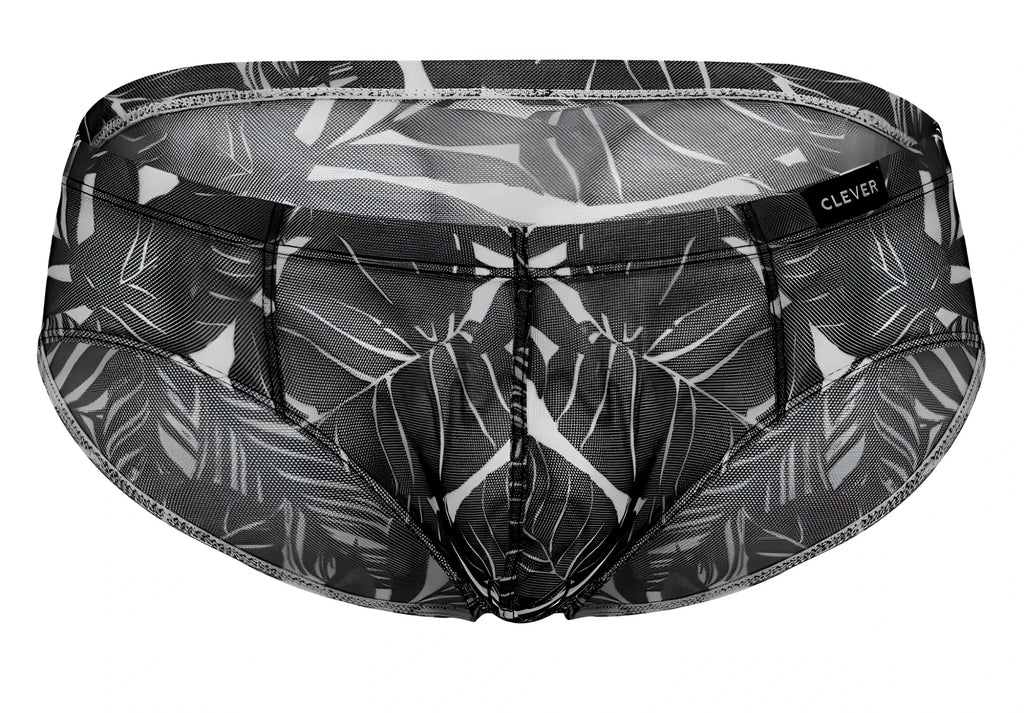 Black and white tropical leaf patterned mesh briefs with Clever brand label in blue black and black colors