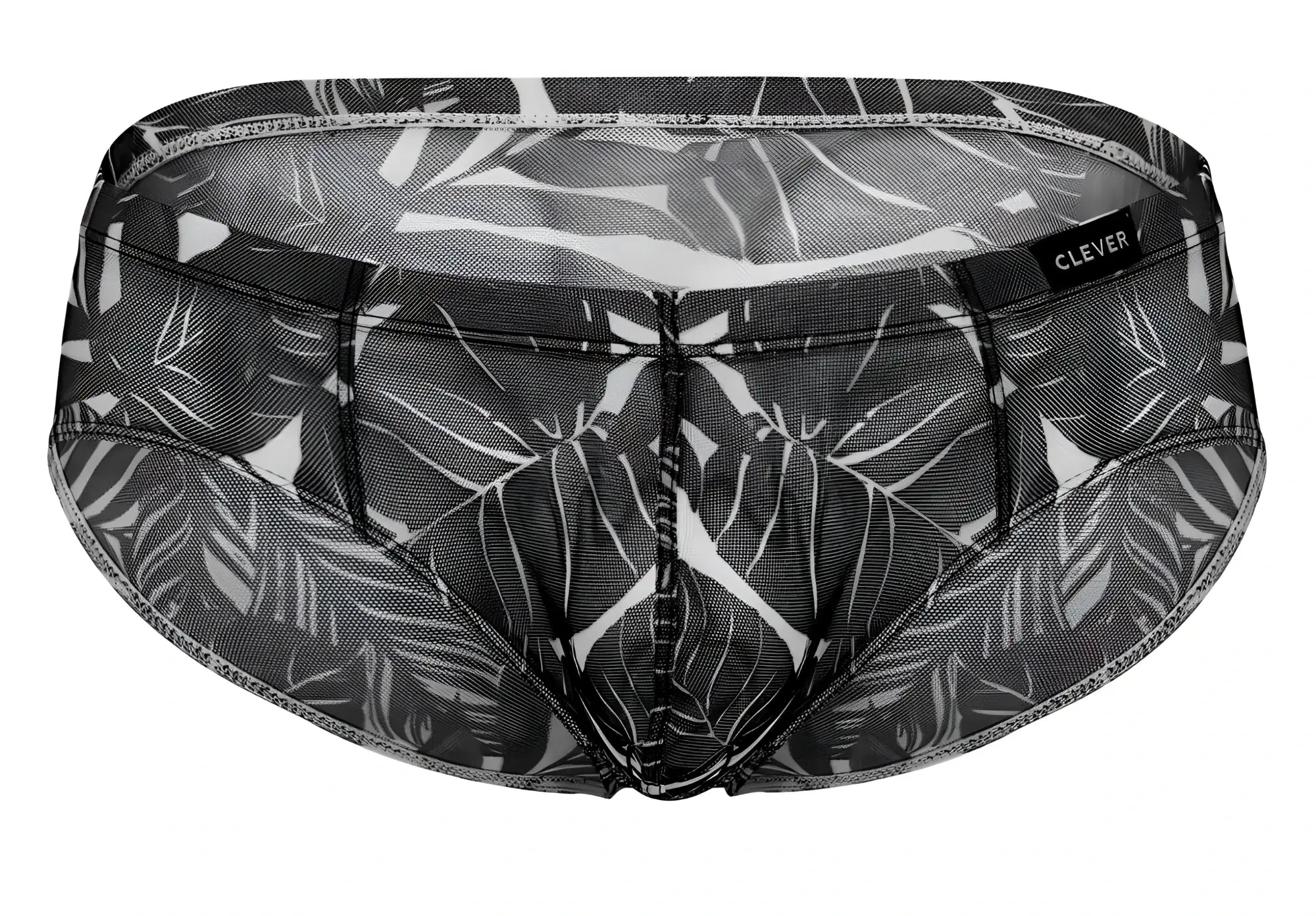 Black and white tropical leaf patterned mesh briefs with Clever brand label in blue black and black colors