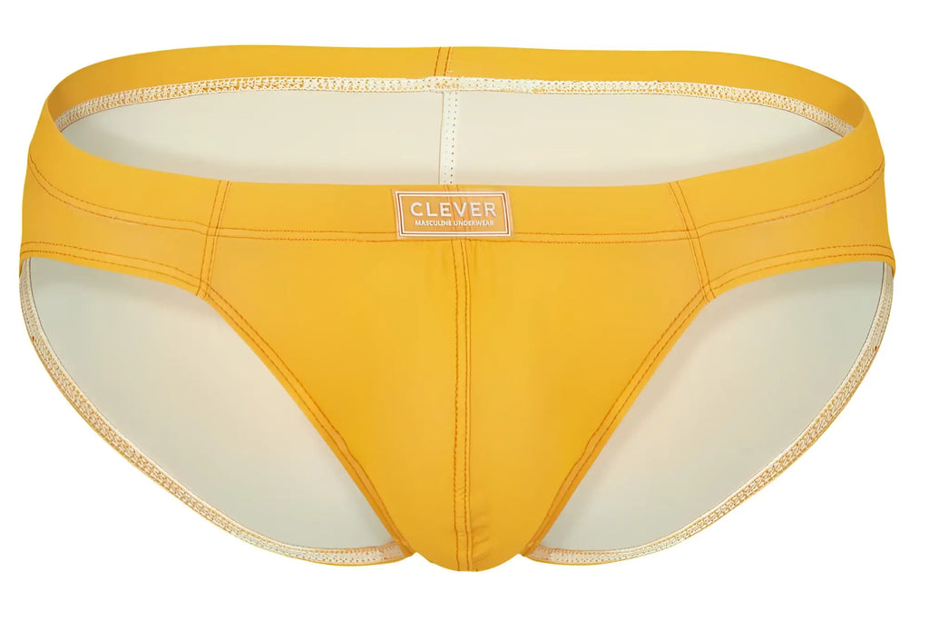 Bright yellow clever 519967 7pk men’s briefs with smooth stretchy fabric and subtle white stitching along edges