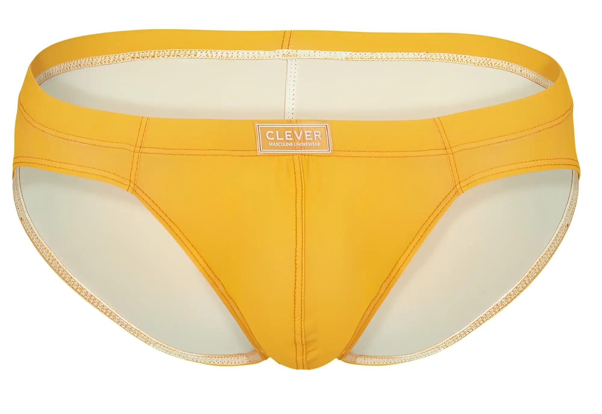 Bright yellow clever 519967 7pk men’s briefs with smooth stretchy fabric and subtle white stitching along edges