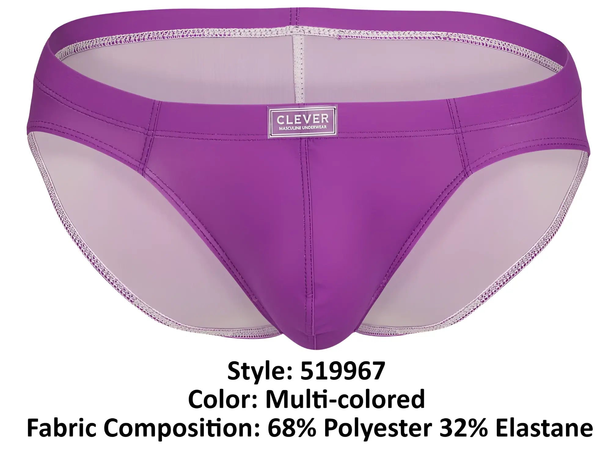 Purple and light purple multi-colored clever 519967 7pk men’s briefs with branded waistband in front view