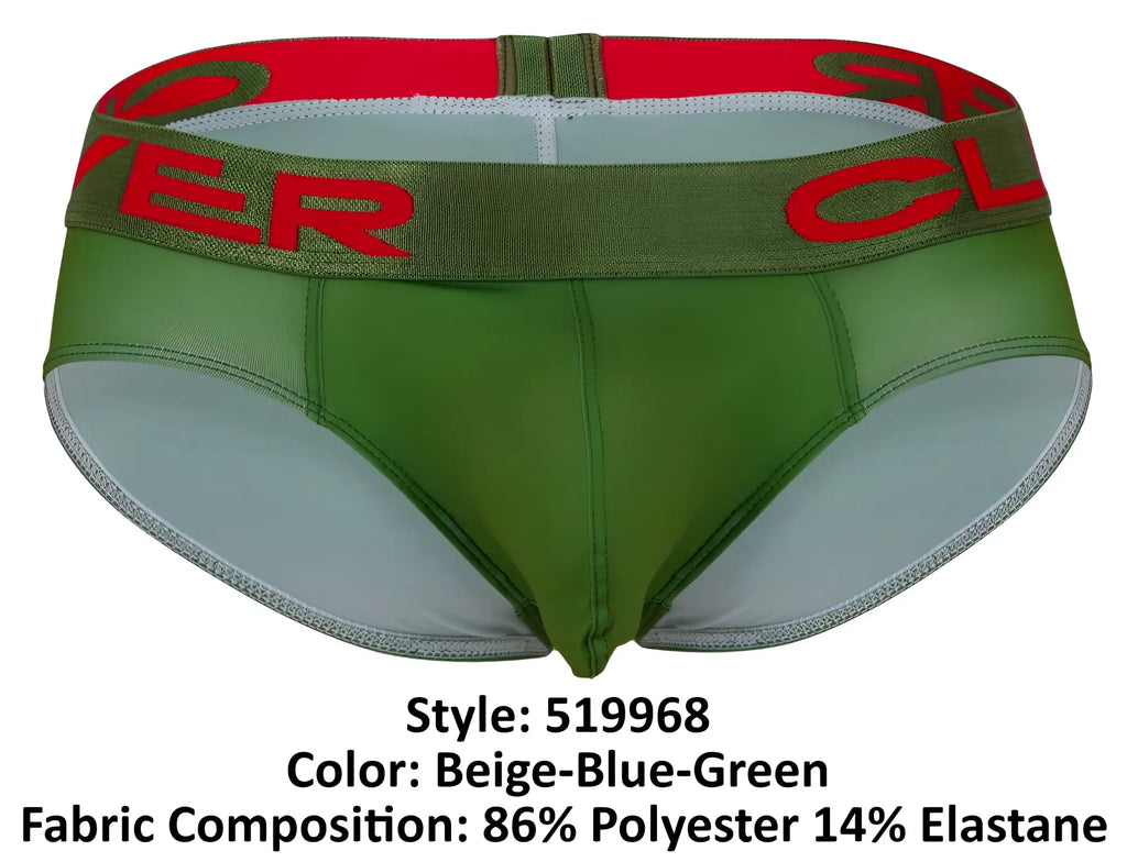 Green and beige clever australia latin briefs with a red logo band in soft breathable fabric for everyday comfort