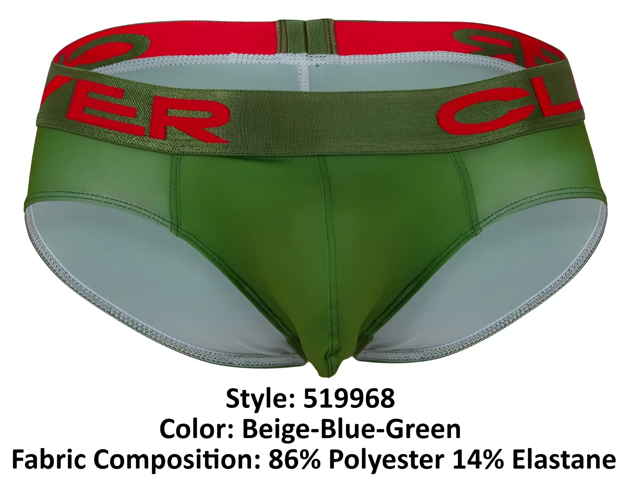 Green and beige clever australia latin briefs with a red logo band in soft breathable fabric for everyday comfort