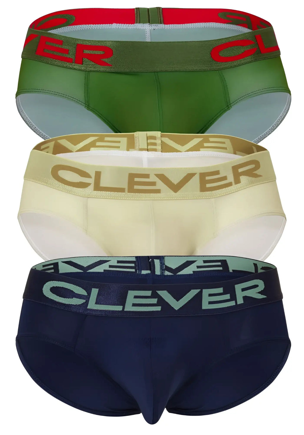 Three pairs of clever australian latin briefs in beige blue and green with matching logo elastic waistbands