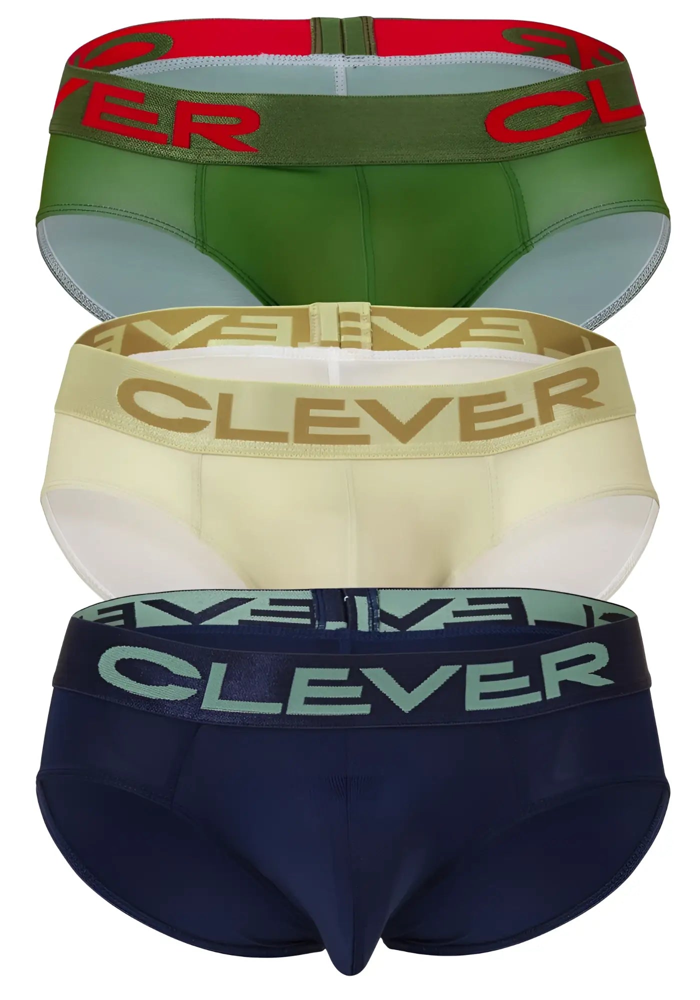 Three pairs of clever australian latin briefs in beige blue and green with matching logo elastic waistbands