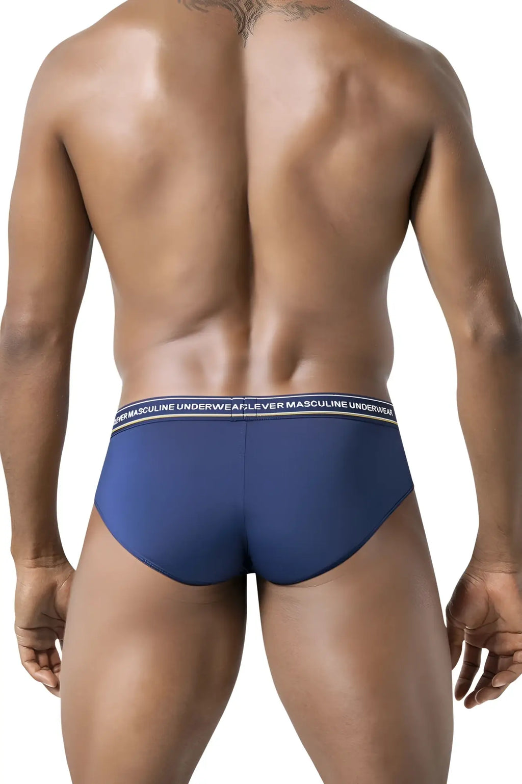 Navy blue clever 519969 men’s briefs with white elastic waistband featuring masculine underwear text in black lettering