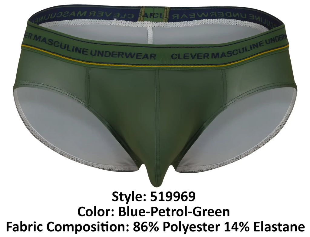 Olive green men’s briefs with navy blue waistband featuring clever masculine underwear text and yellow trim from clever 519969 3pk australian latin briefs color blue-petrol-green