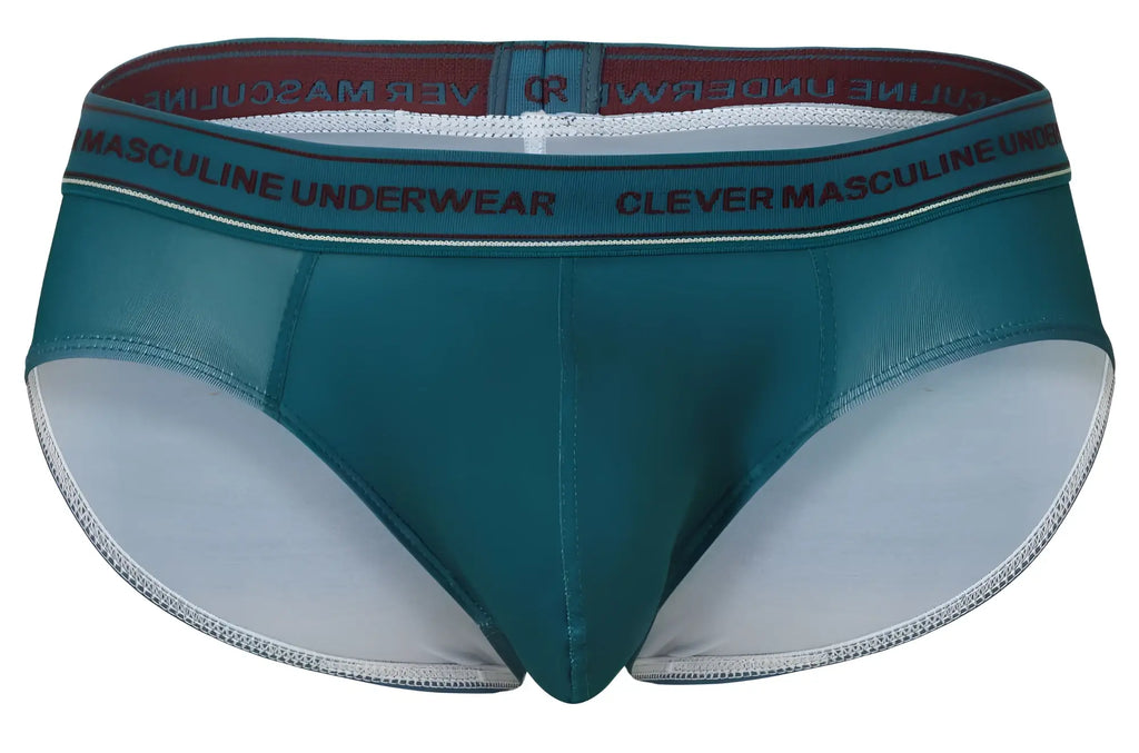Teal colored clever 519969 men’s briefs with white interior and red branding on waistband australian latin style