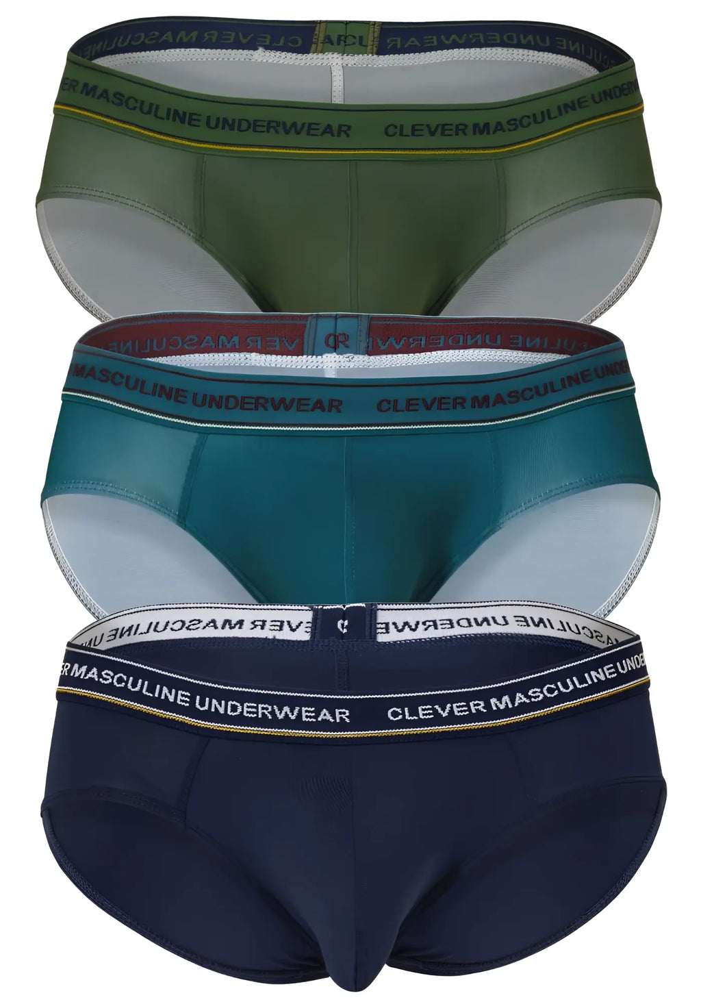 Three-pack of clever masculine underwear latin briefs in olive green teal and navy with contrasting elastic waistbands