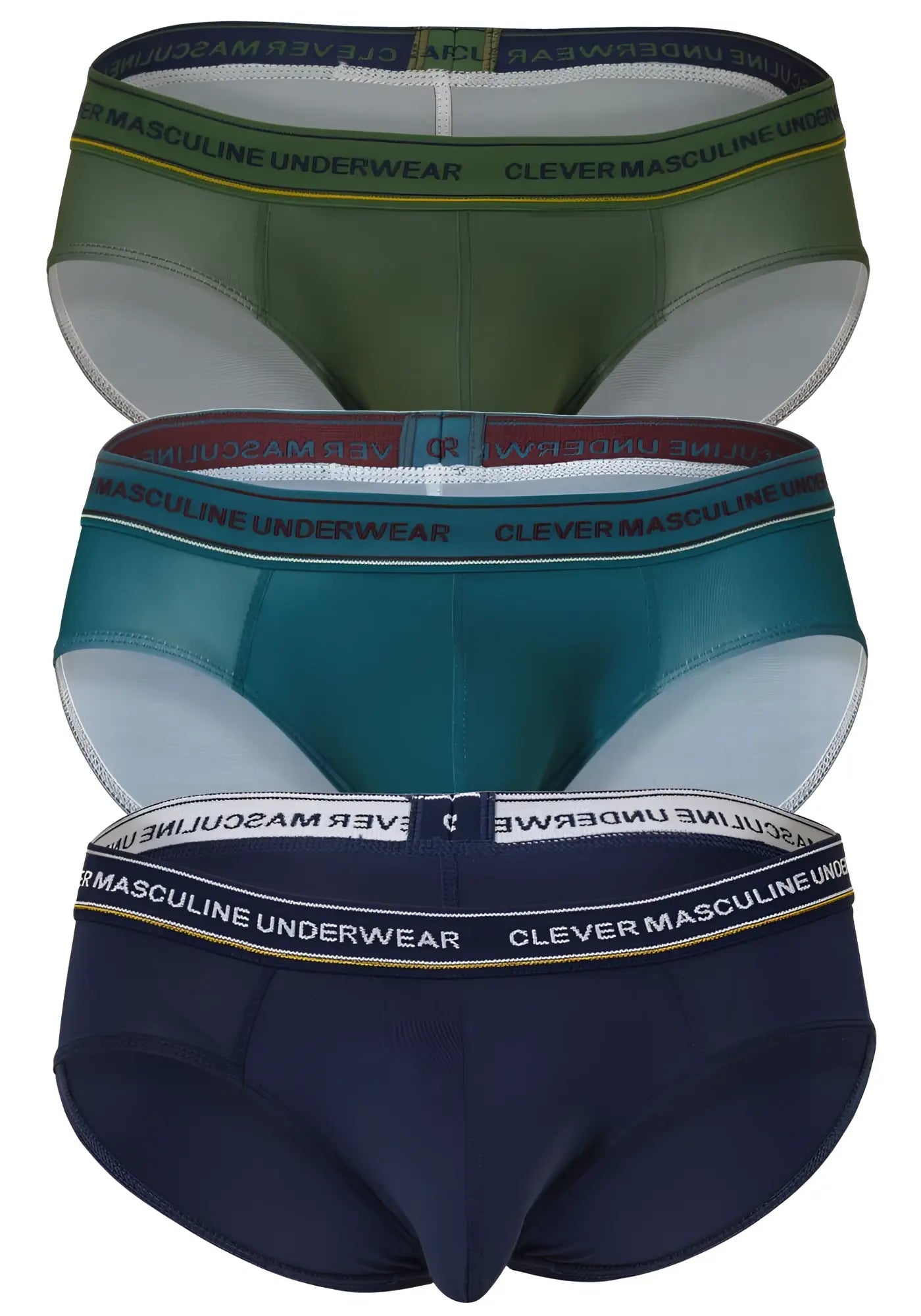 Three-pack of clever masculine underwear latin briefs in olive green teal and navy with contrasting elastic waistbands