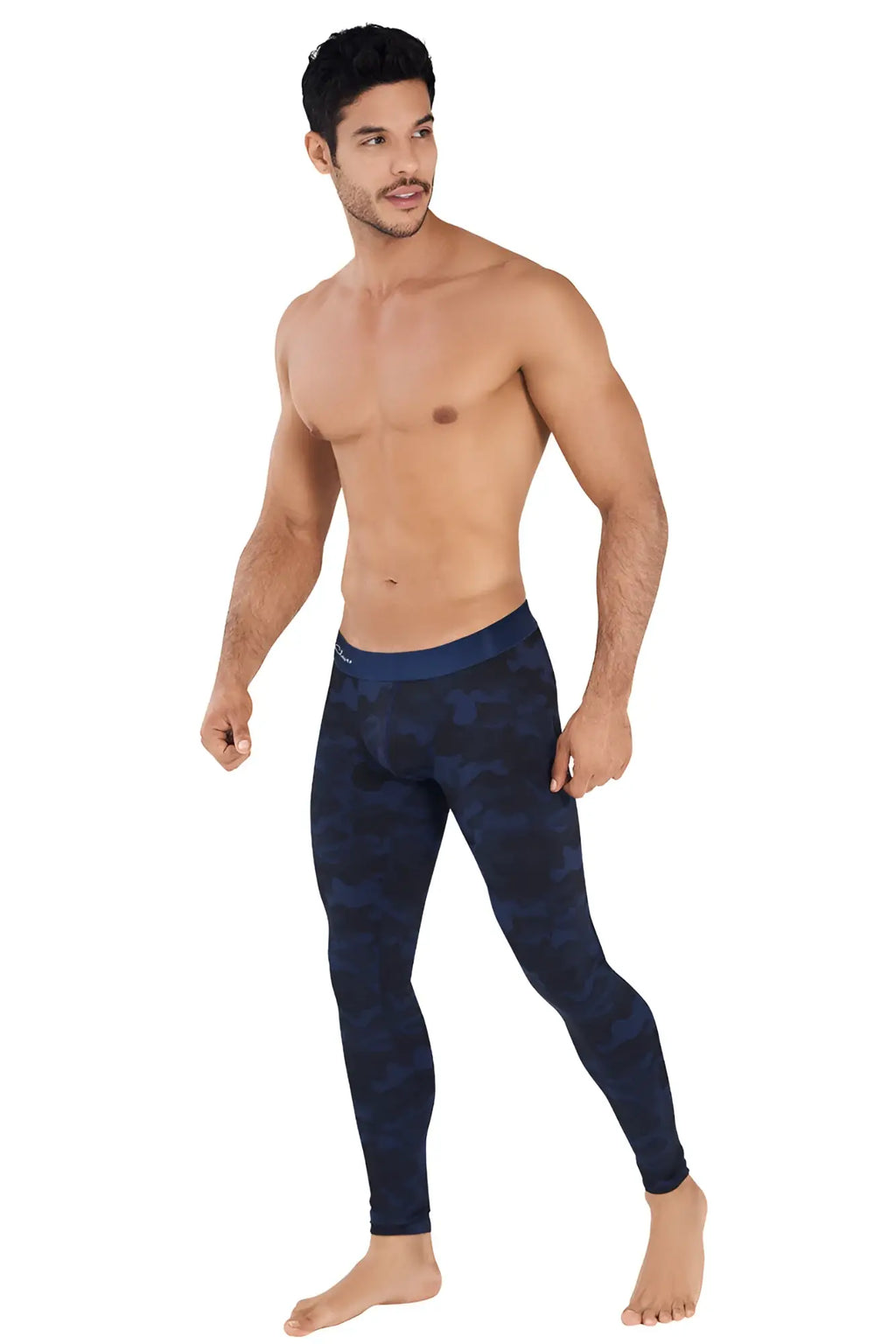 Navy blue camouflage patterned men’s athletic leggings clever action camo pants size medium for active wear