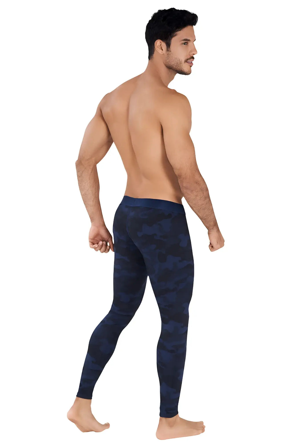 Navy blue camouflage pattern clever action camo athletic pants in size medium showing front side