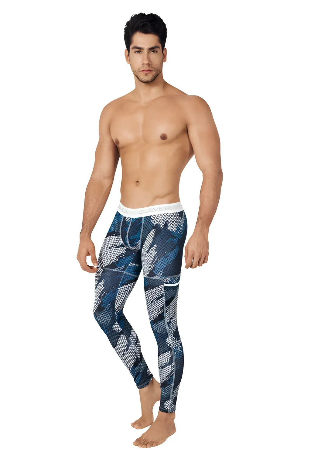 Blue and gray patterned athletic leggings with white cleves waistband in dark blue size m for fitness and training