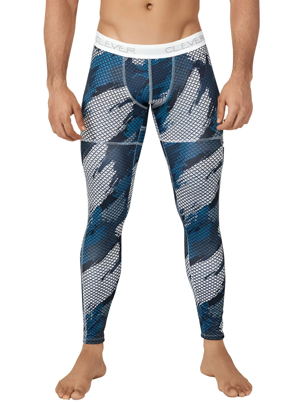 Blue and gray patterned clever enigmatic camo compression leggings with white waistband athletic pants size M