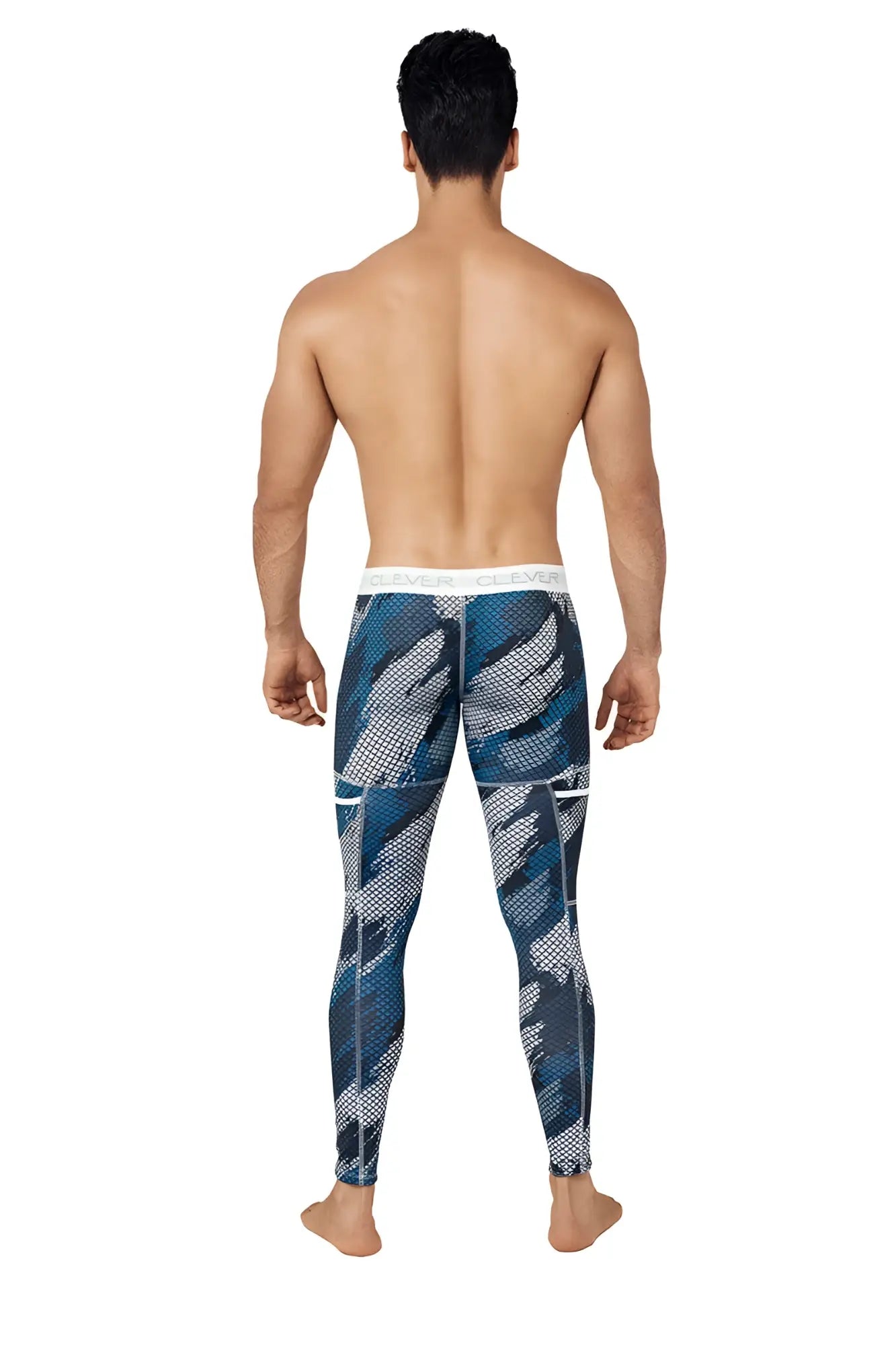 Blue and gray patterned clever enigmatic camo leggings with white waistband athletic tights dark blue size m