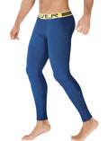 Blue clever ideal athletic leggings with yellow waistband and black brand name in size medium for fitness use