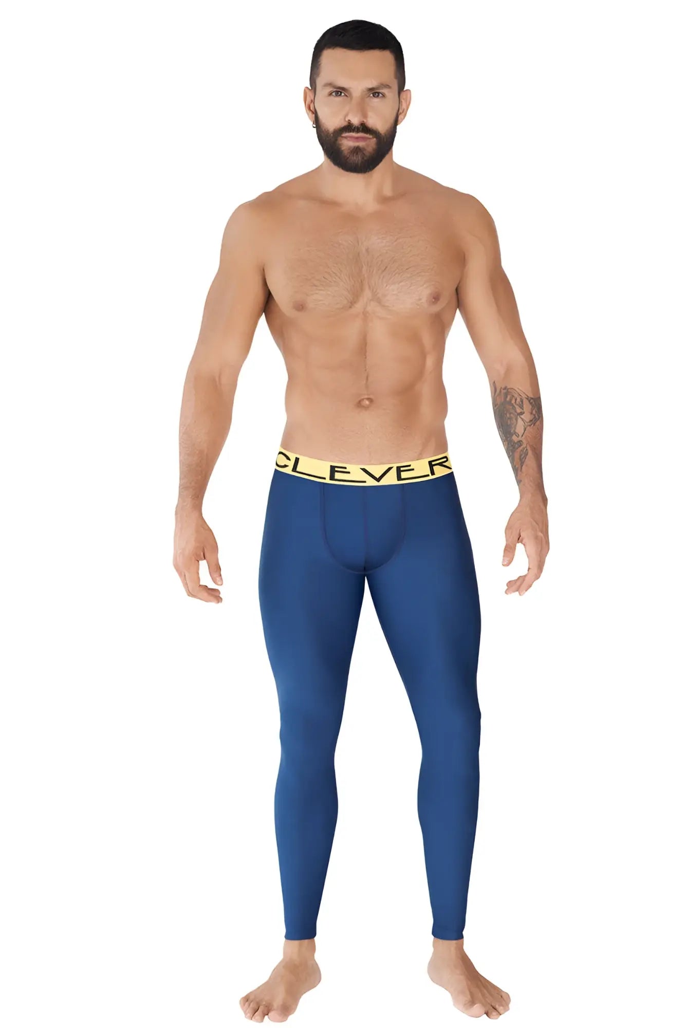 Blue athletic leggings with yellow waistband printed clever in black ideal for workouts size m