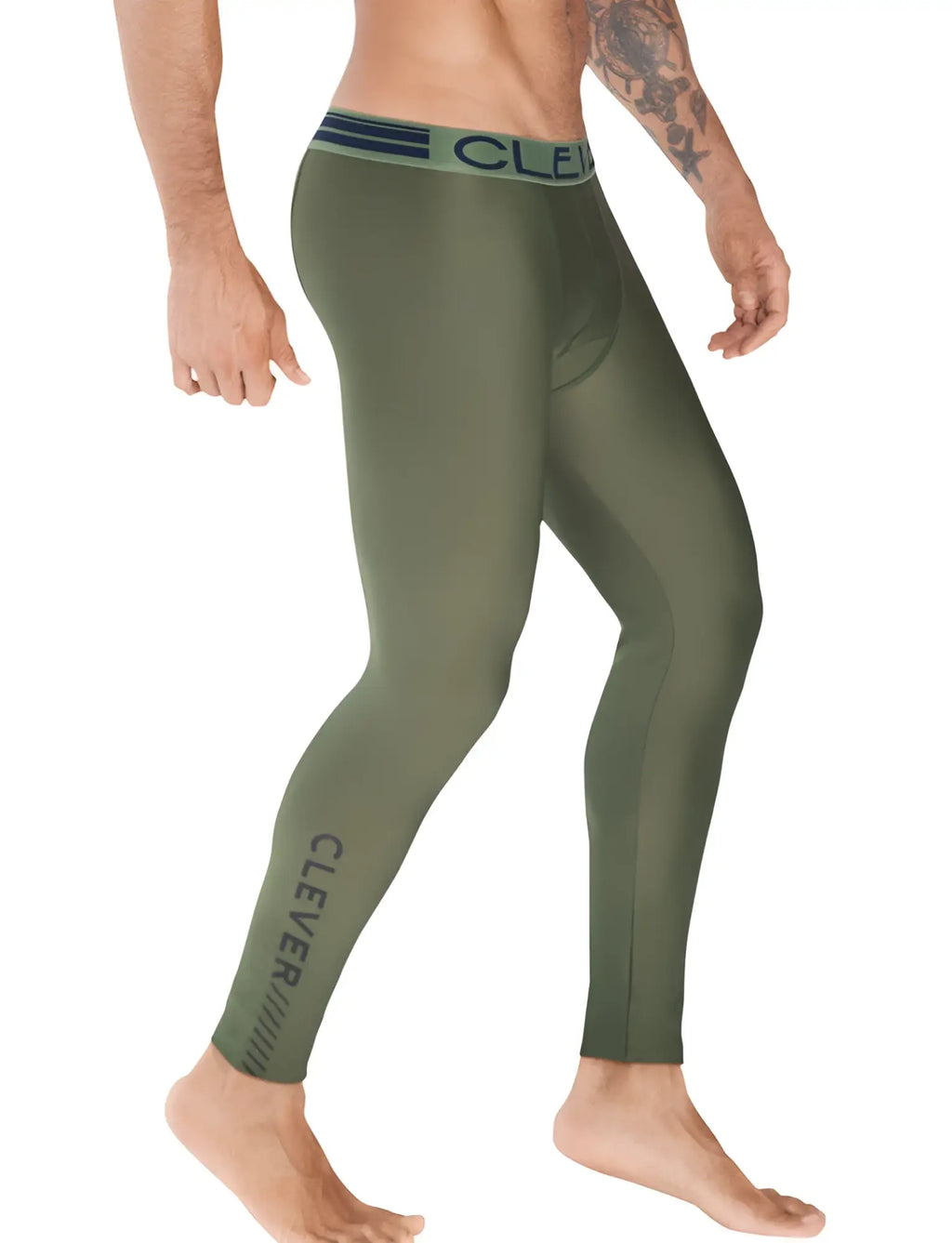 Olive green clever brand compression leggings with dark blue waistband and vertical leg branding size m