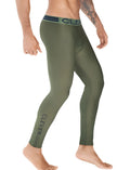 Olive green clever brand compression leggings with dark blue waistband and vertical leg branding size m