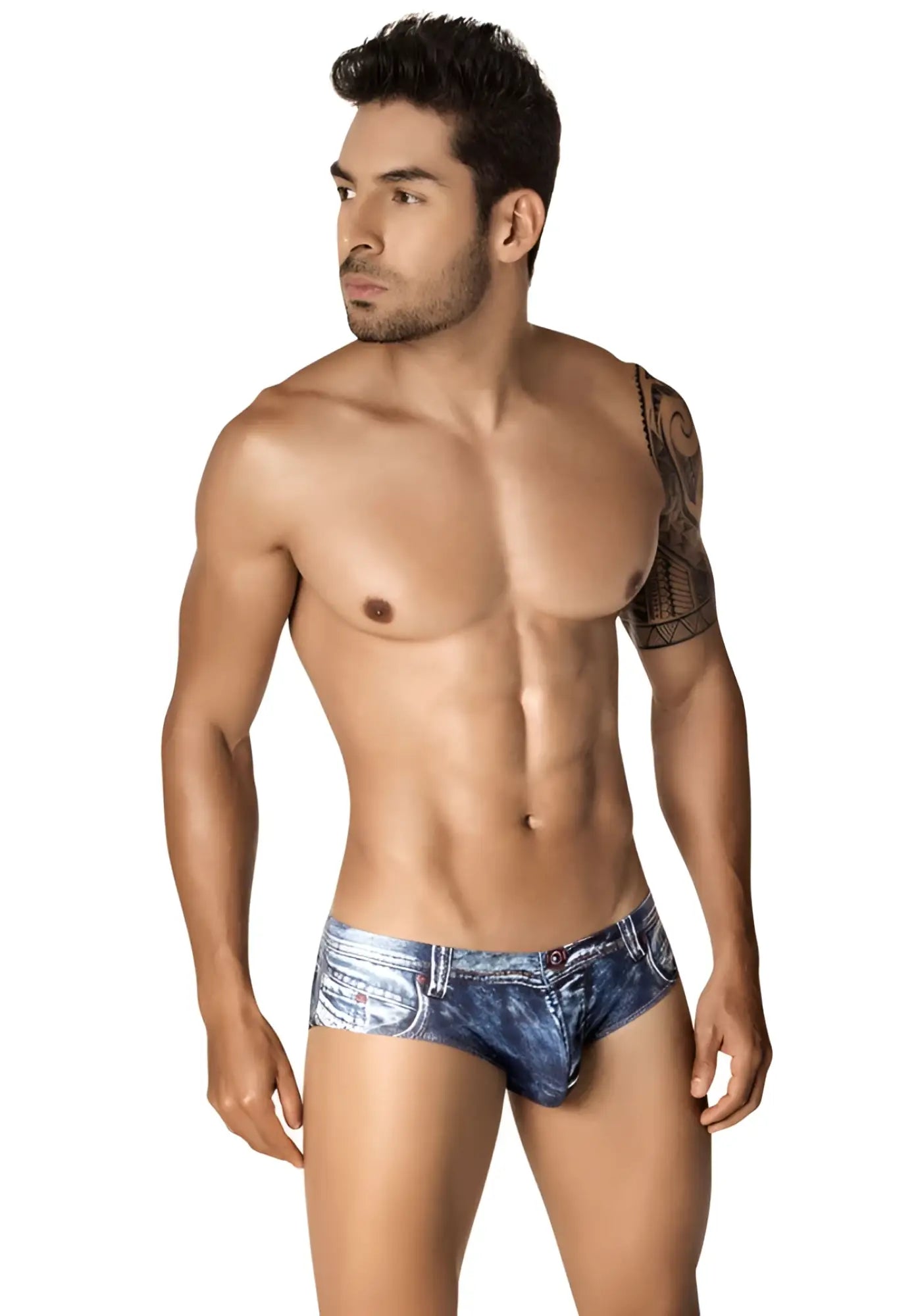 Blue denim-patterned clever indigo jean latin brief underwear with realistic fabric texture and stitched detailing size s