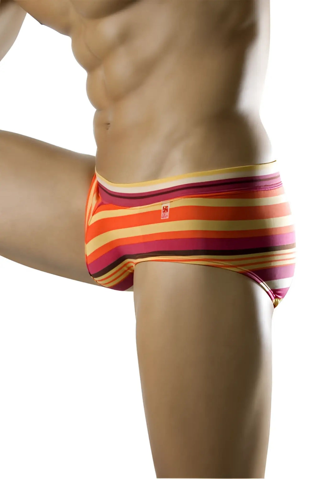 Vibrant striped men’s briefs in orange pink and yellow by clever swim brief tropical swimwear 0514 size s with snug fit