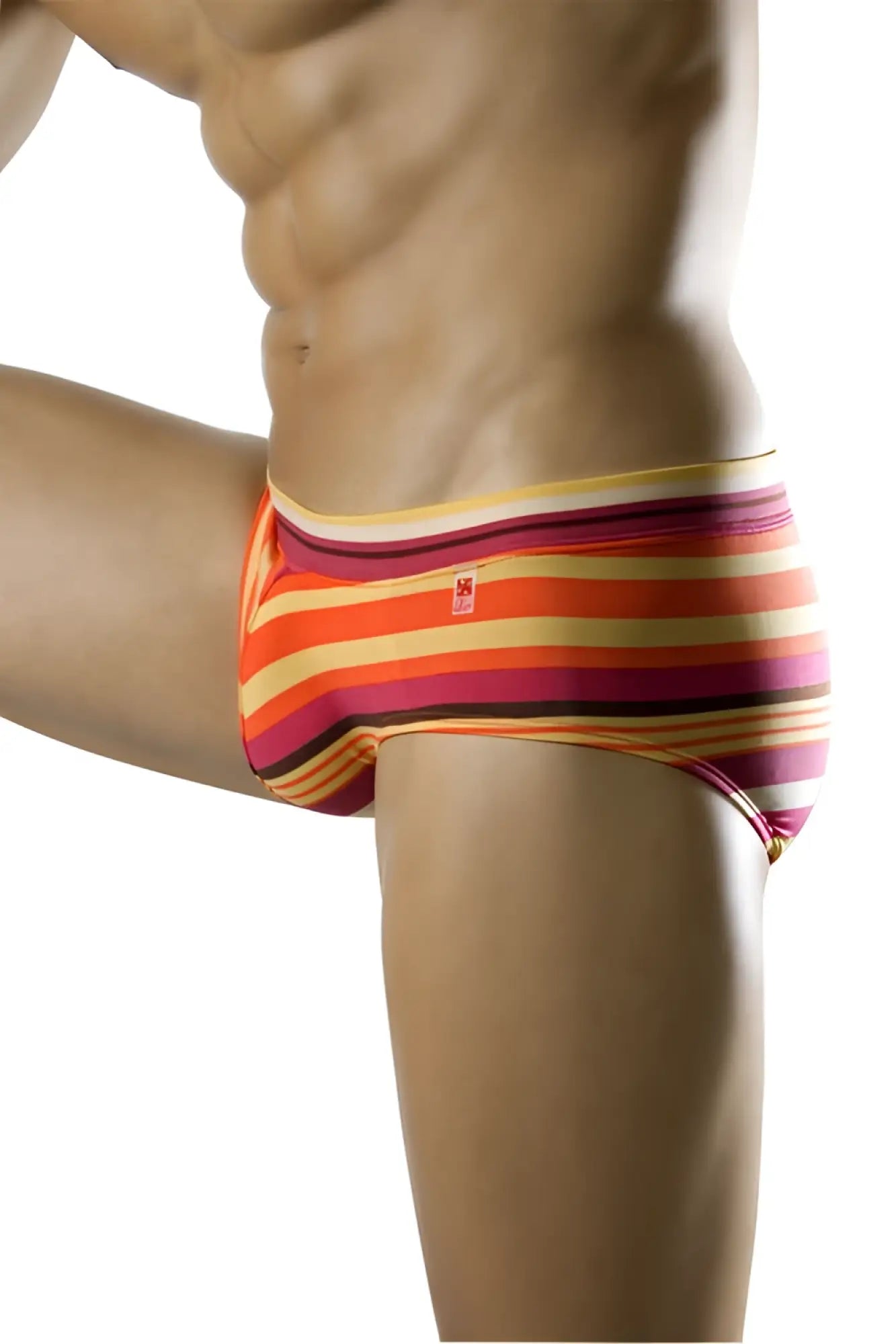 Vibrant striped men’s briefs in orange pink and yellow by clever swim brief tropical swimwear 0514 size s with snug fit