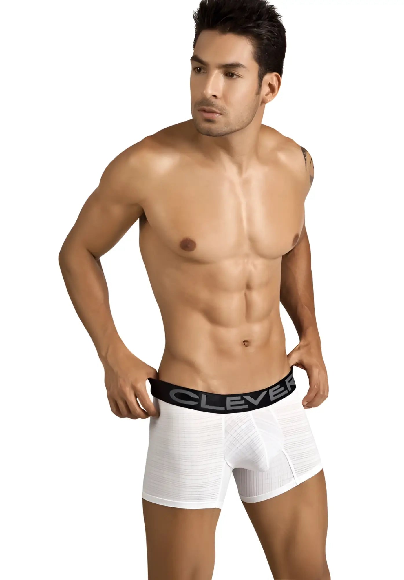 White clever victoria checker textured boxer briefs with black waistband and branded clever logo size s
