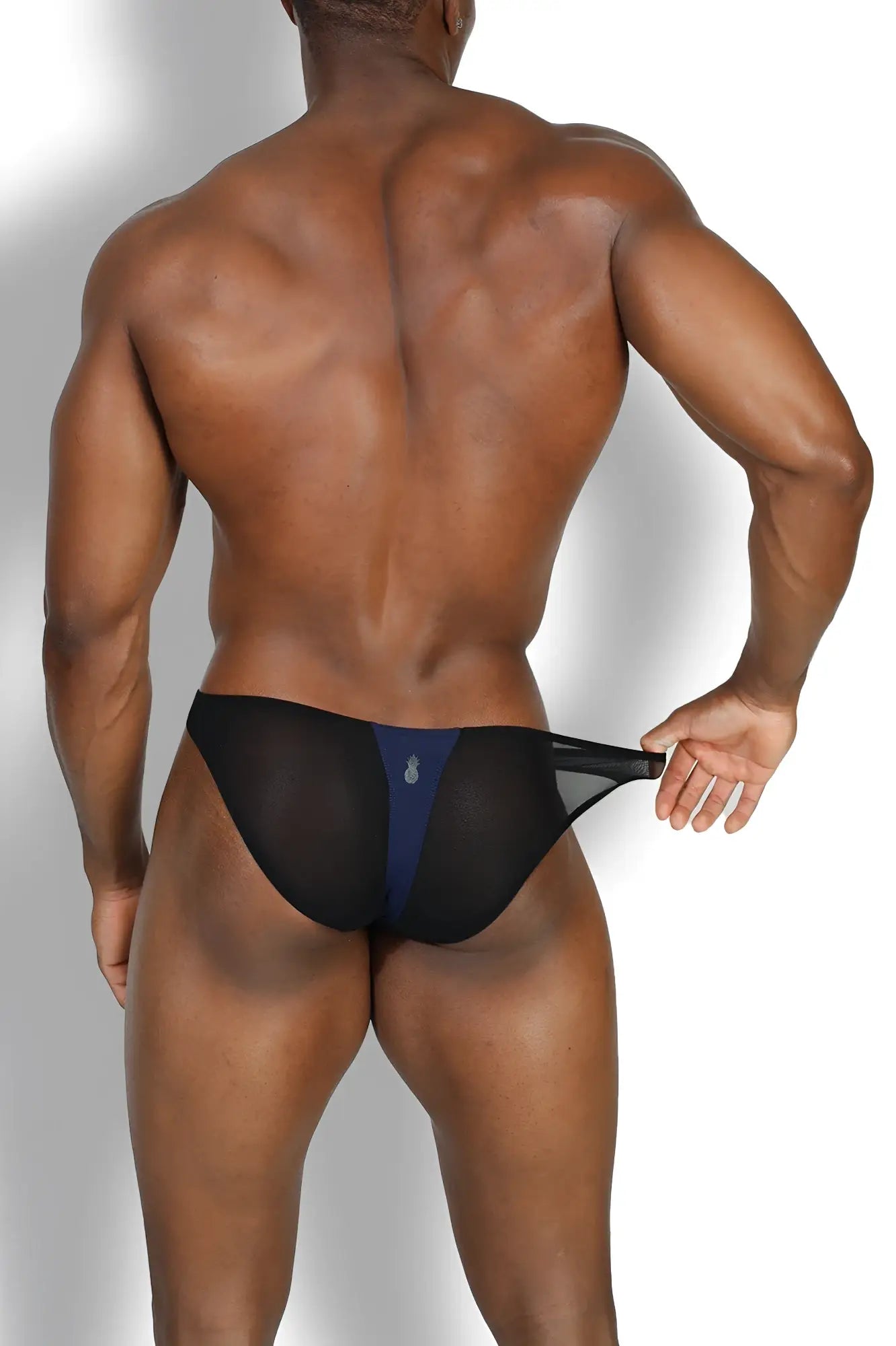 Club-kid mesh bikini briefs in midnight blue feature black and navy blue mesh with a central vertical panel