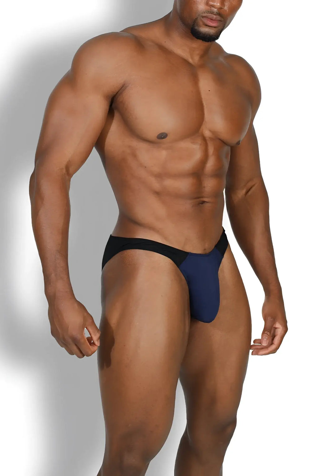 Club-Kid Mesh bikini briefs in midnight blue with navy and black contoured design for athletic support