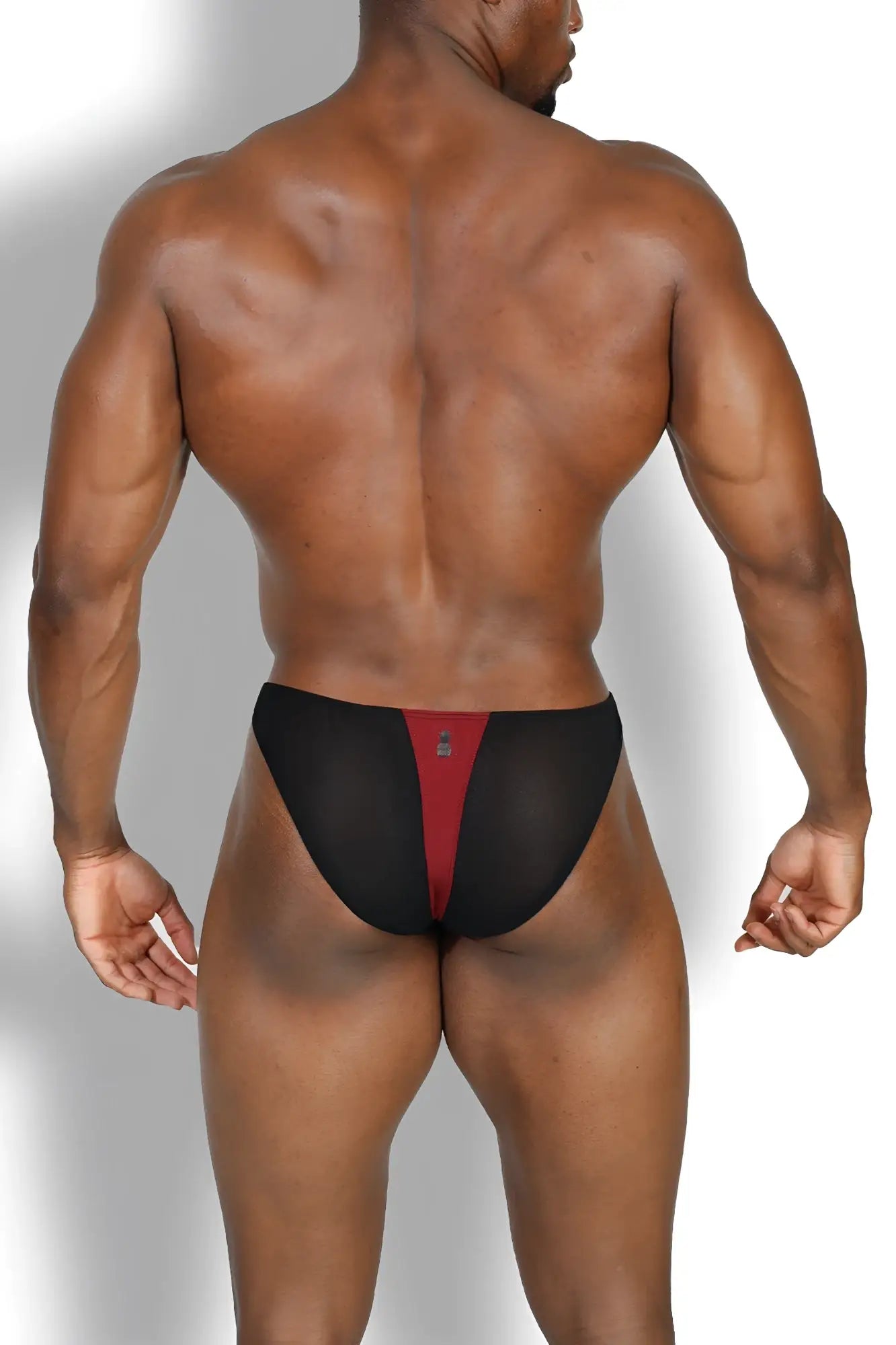 Club-kid mesh bikini briefs sangria red featuring black and red mesh with a central vertical stripe