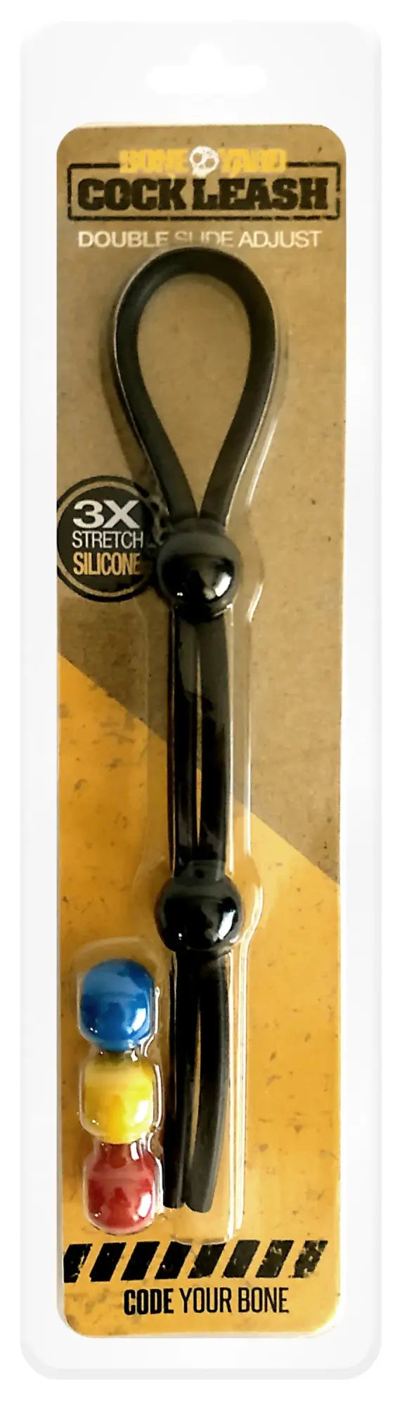 Black silicone cock leash with adjustable double-loop design and three colorful bead charms for secure fit