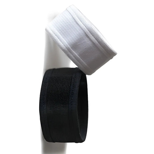 White and black elastic ribbed cock ring wristbands by Good Devil designed for comfort and flexibility