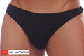 Black seamless thong made of soft fabric designed as a cock ring thong showing the back side of the product