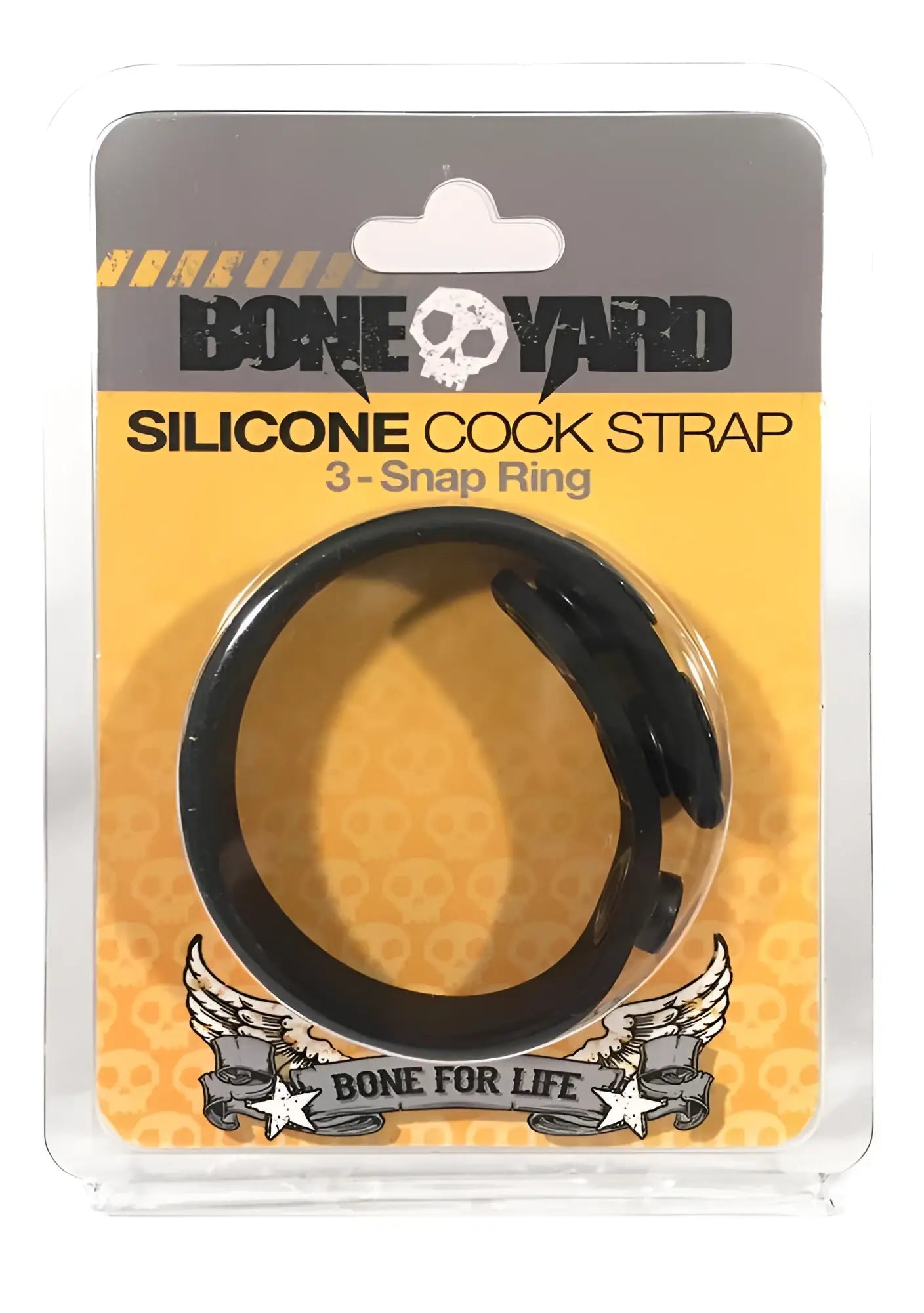 Black silicone cock strap with 3 snap ring design packaged in clear plastic with yellow and gray branding