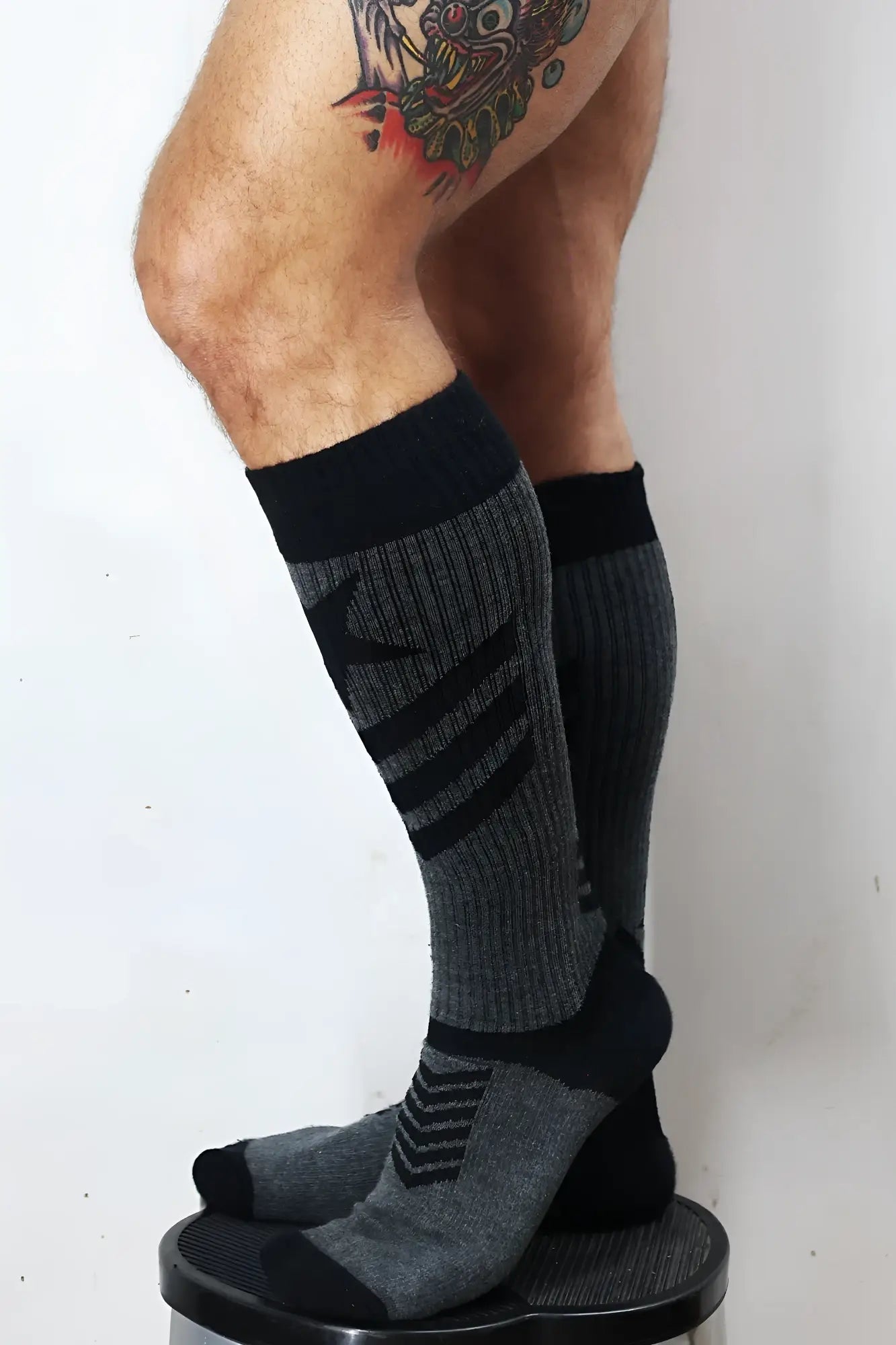 Gray and black cockpit socks knee-high athletic socks with ribbed texture bold stripes and reinforced toe and heel