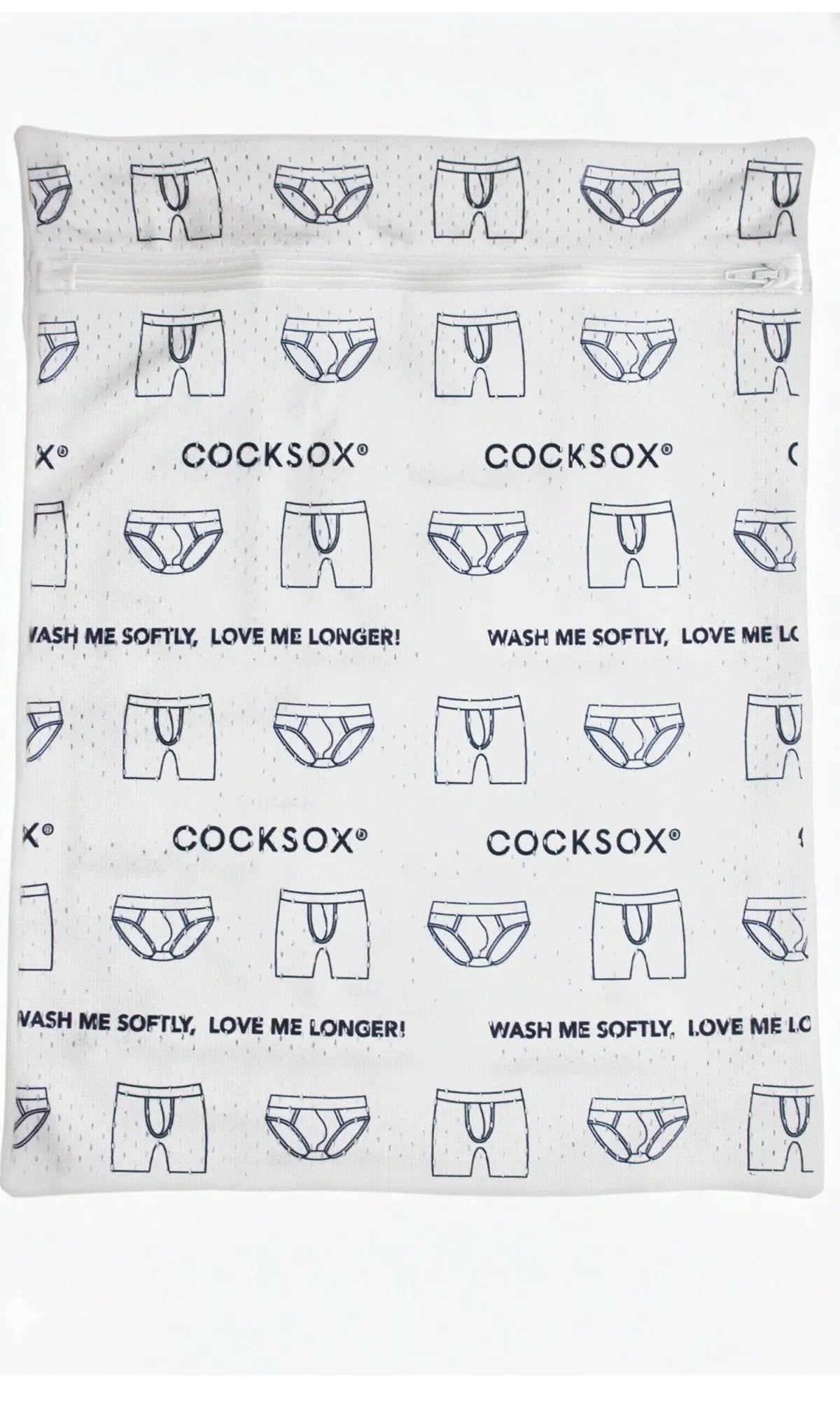 White mesh laundry bag with black boxer briefs pattern and cocksox branding featuring wash me softly love me longer slogan