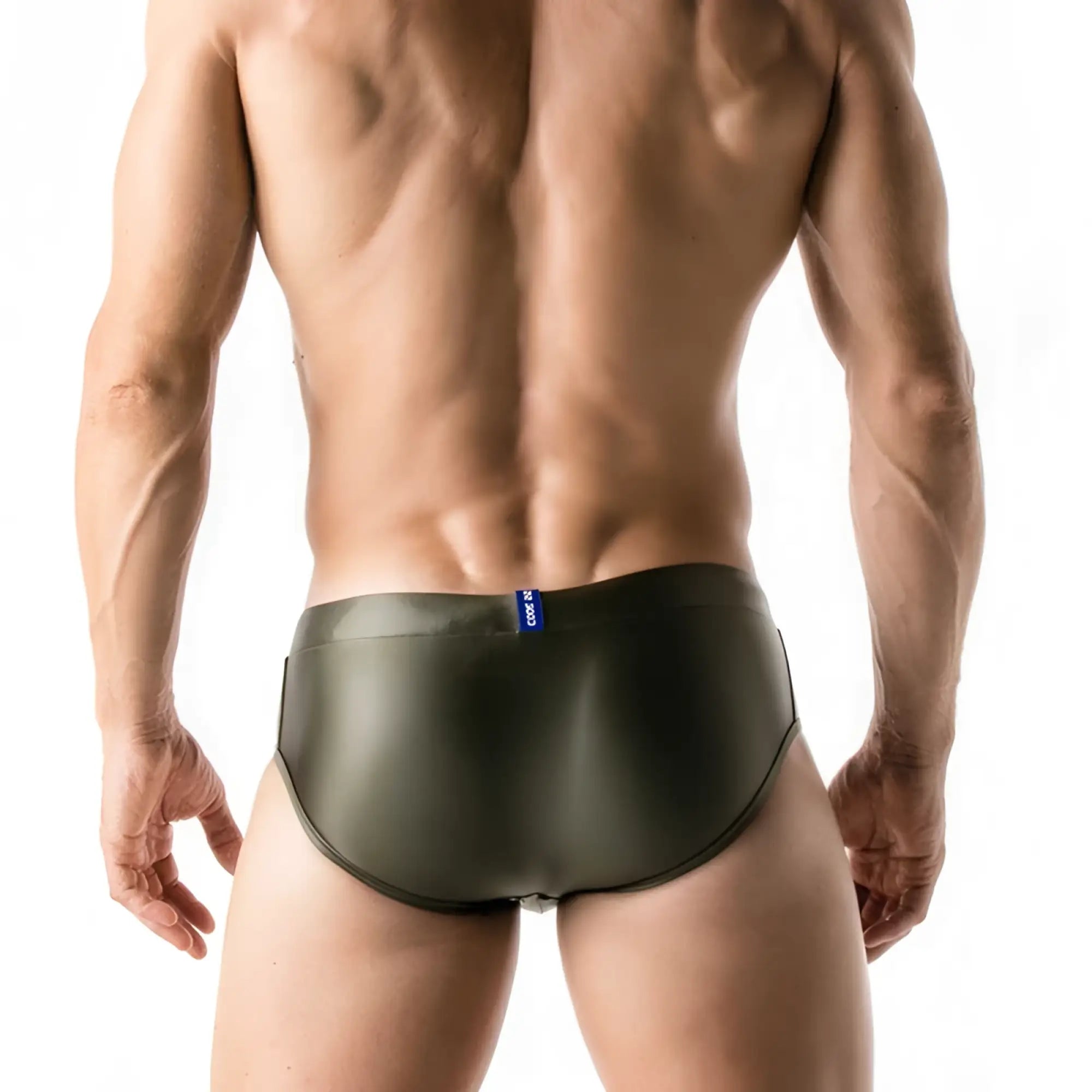 Olive green satin metallic bikini briefs with blue brand tag at waistband code 22 khaki size m