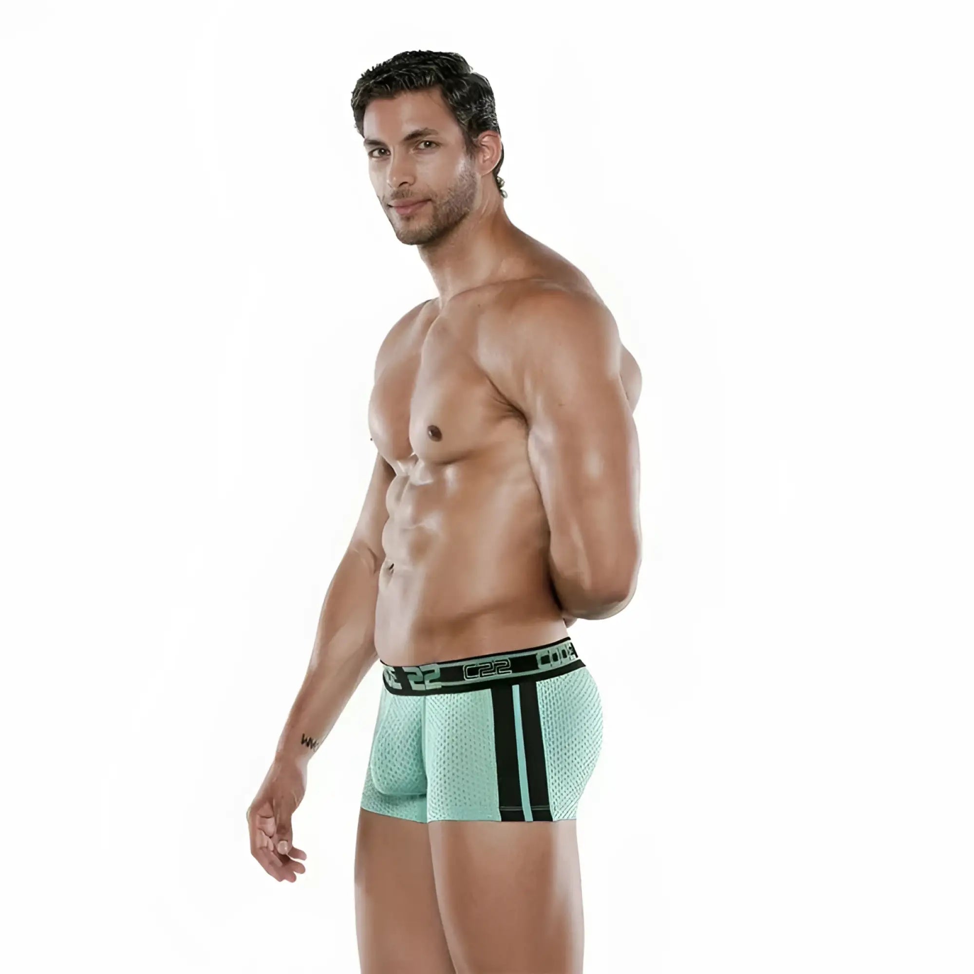 Code 22 motion push up trunk underwear in mint green mesh with black side stripes and branded waistband size 2XL
