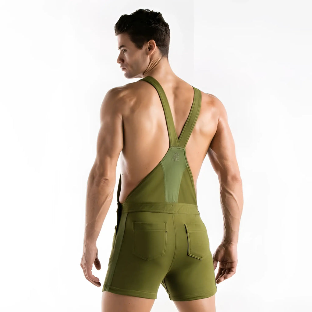 Back view of olive green khaki code 22 stretch overall jumpsuit with supportive back design and two rear pockets size l