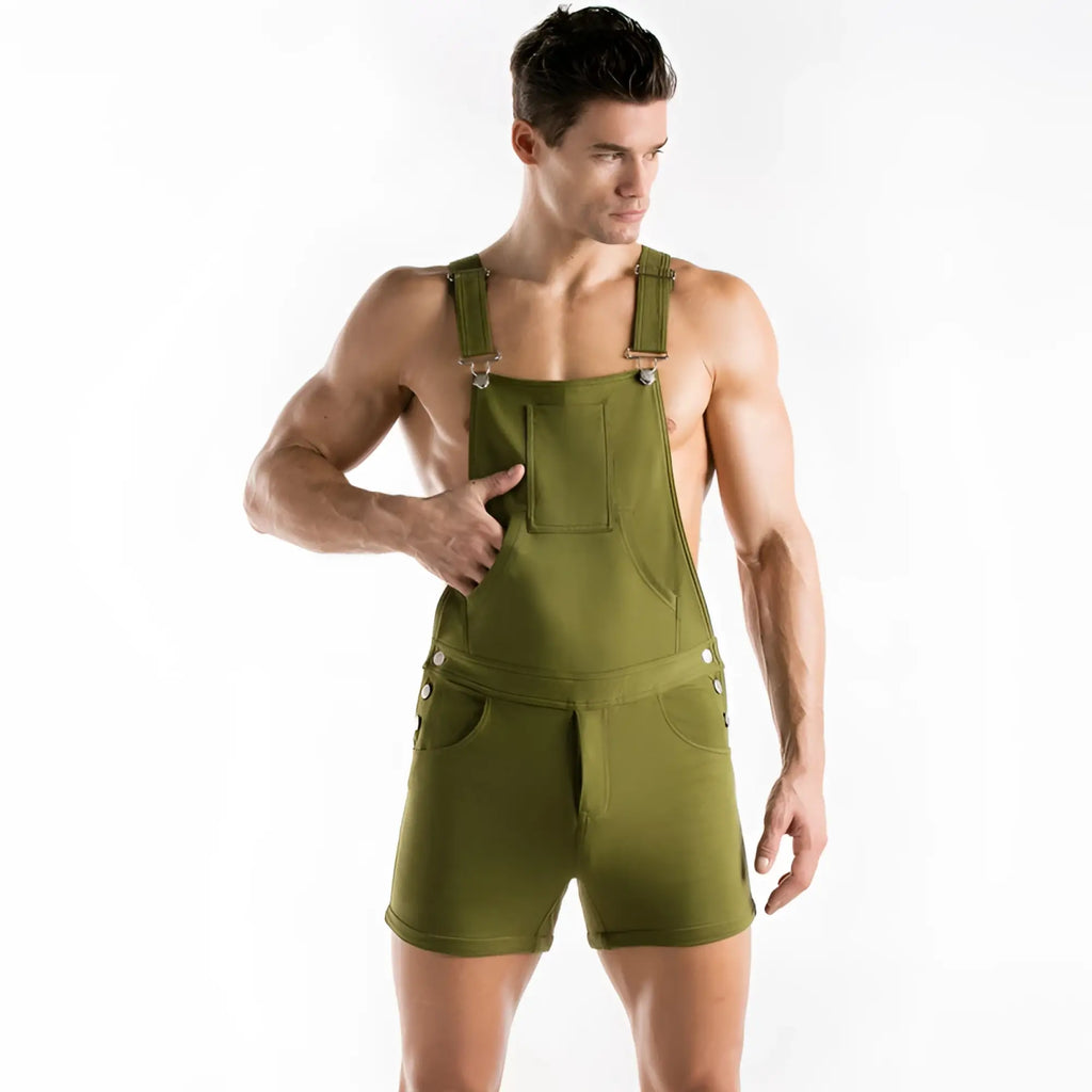 Olive green stretch denim overall jumpsuit with adjustable straps and front pockets in size large khaki code 22 9706